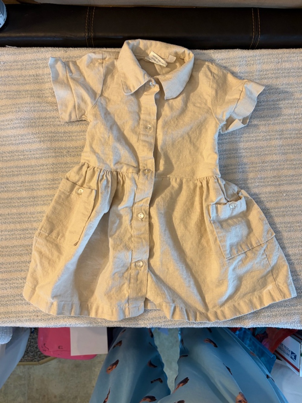 Girls' Cream Button-Front Casual Shirt Dress with Pockets Linen